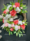 Spring Peony wreath in Coral w/ Striped Bow