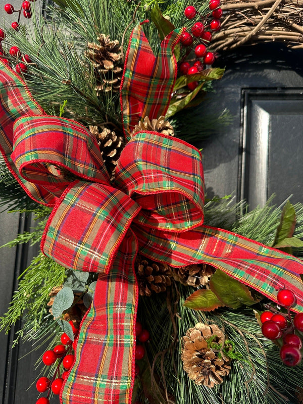 Traditional Winter Wreath w Plaid Bow Traditional Winter Wreath w Plaid Bow