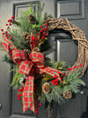 Traditional Winter Wreath w Plaid Bow