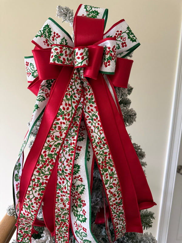 Classic Red and Green Holly Christmas Tree Topper Bow