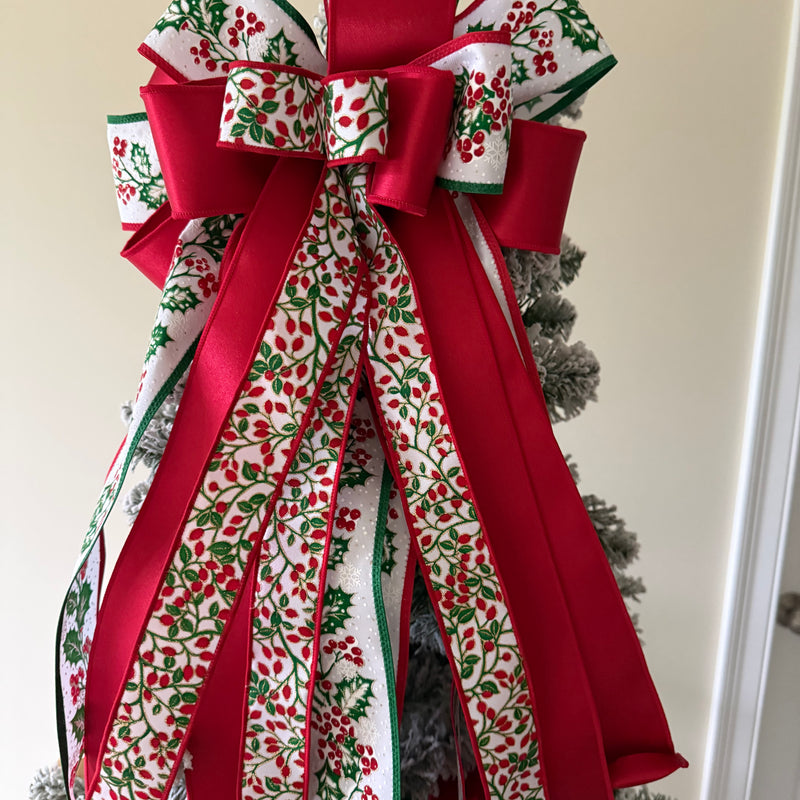 Classic Red and Green Holly Christmas Tree Topper Bow