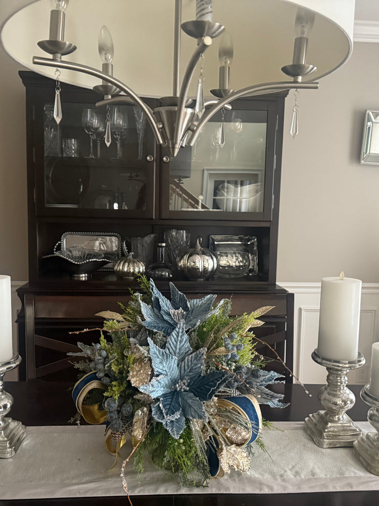 French Blue Velvet Pointsettia Centerpiece, Floral Arrangement