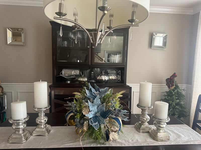 French Blue Velvet Pointsettia Centerpiece, Floral Arrangement