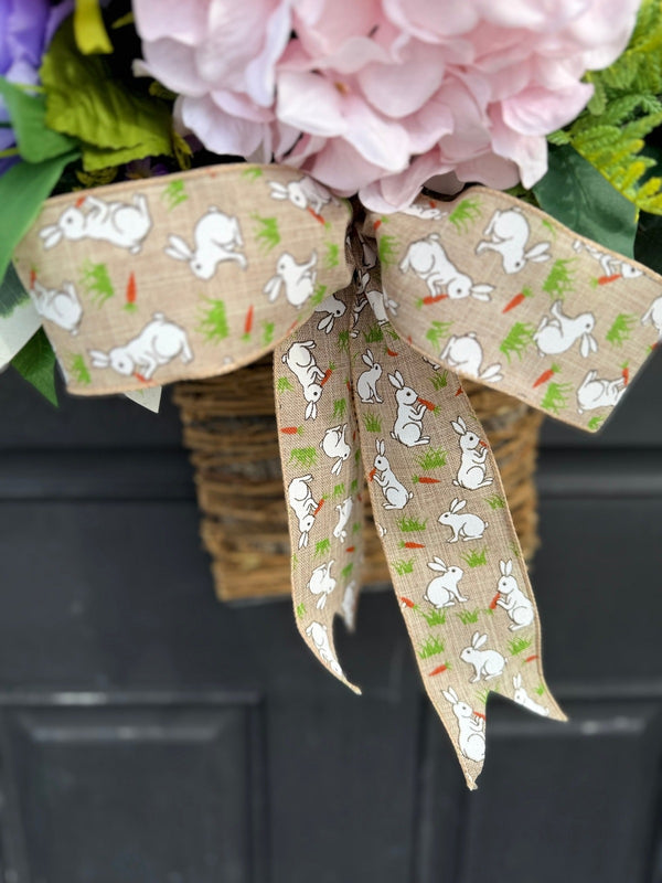 Hanging Floral Basket for Easter w Bunny Print Bow