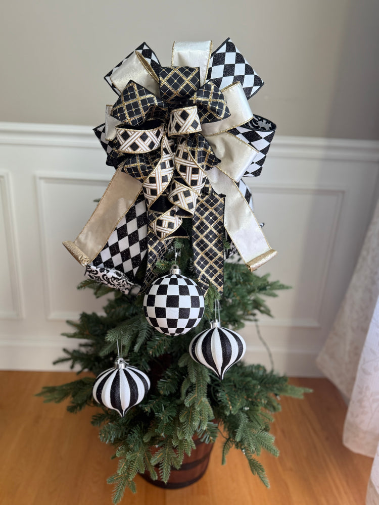 Black & White Harlequin Tree Topper Bow for Christmas Tree