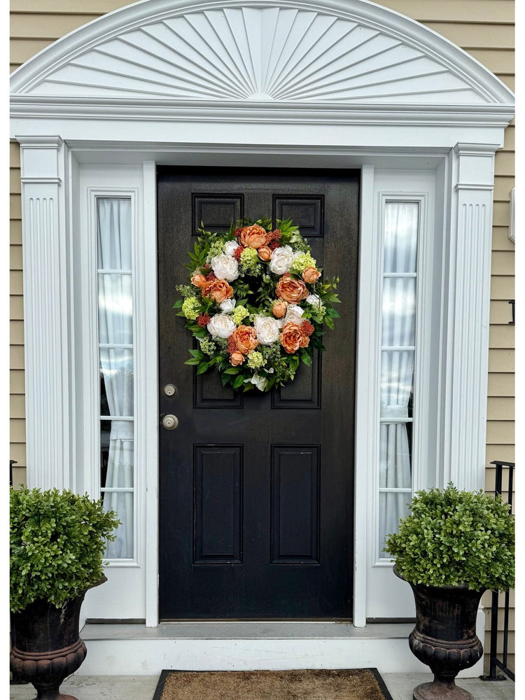 Lush Cream and Pale Orange Peony Wreath for Year Round, Spring Decor