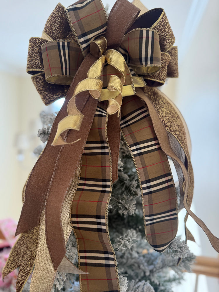 Burberry Inspired Plaid and Gold Christmas Tree Topper Bow