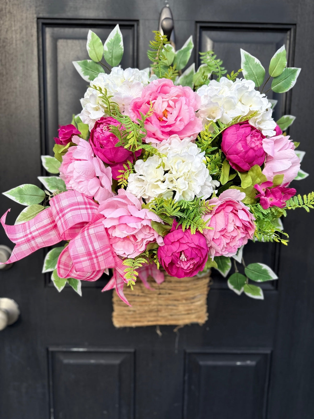 hanging basket plant arrangements Pink Peony and Hydrangea Hanging Basket for Spring