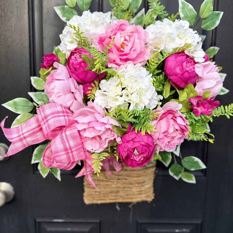 Pink Peony and Hydrangea Hanging Basket for Spring