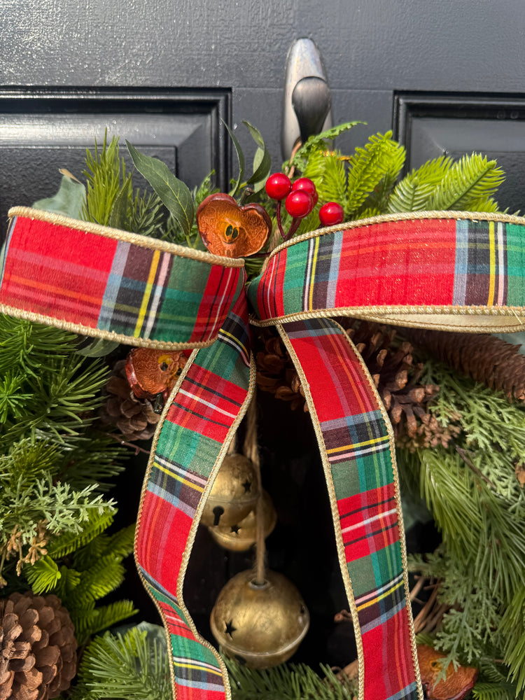 Tartan Plaid Pine Wreath with Bells for Winter