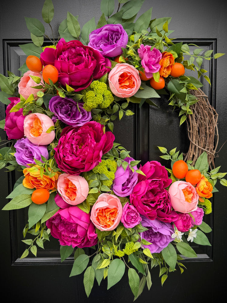 Bold Peony Wreath with Oranges for Spring and Summer