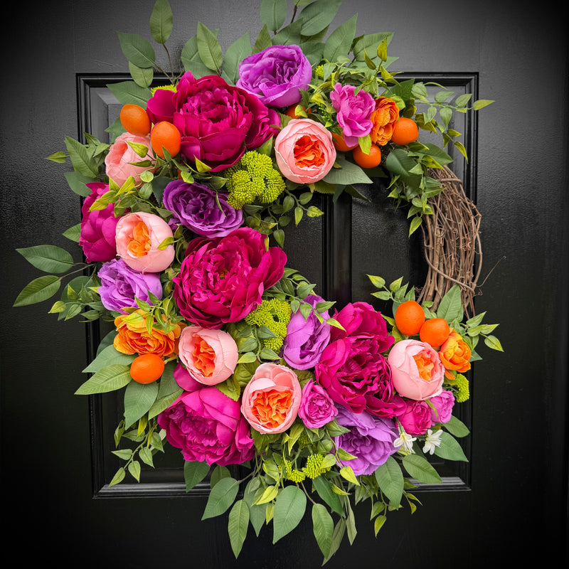 Bold Peony Wreath with Oranges for Spring and Summer