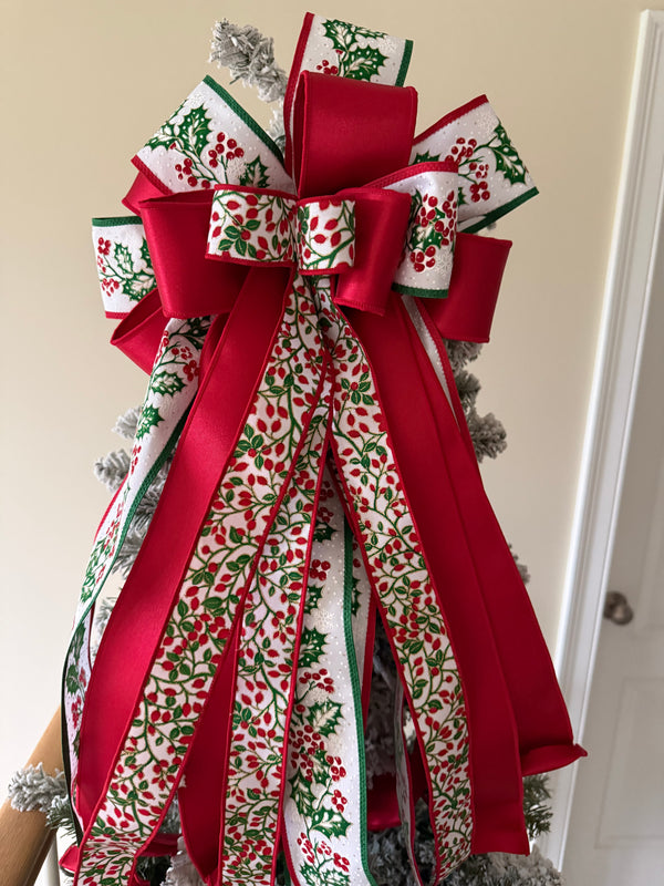 Classic Red and Green Holly Christmas Tree Topper Bow