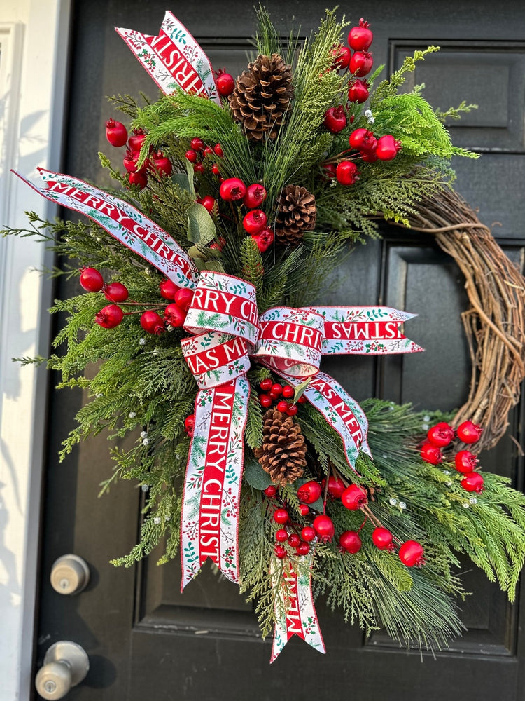 Merry Christmas Winter Wreath w Norfolk Pine