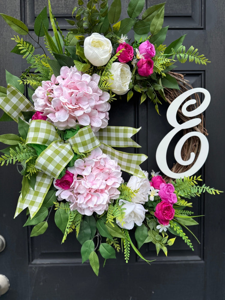 Monogrammed Peony & Hydrangea Wreath for Spring