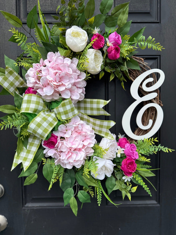 Monogrammed Peony & Hydrangea Wreath for Spring