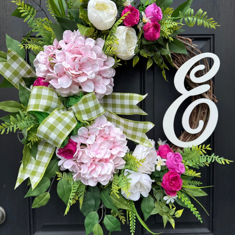 Monogrammed Peony & Hydrangea Wreath for Spring