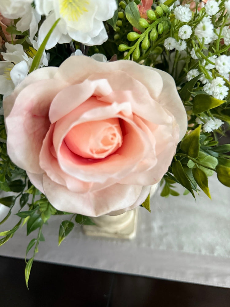 Romantic Blush Rose Faux Floral Centerpiece in Stone Style Base, Real Touch Floral Arrangement