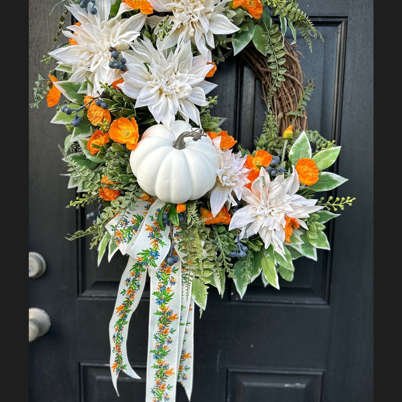 White Pumpkins w Poppies Wreath for Fall