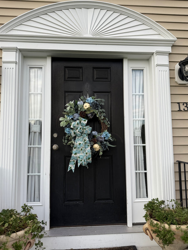 Blue Velvet Pumpkin Wreath for Fall