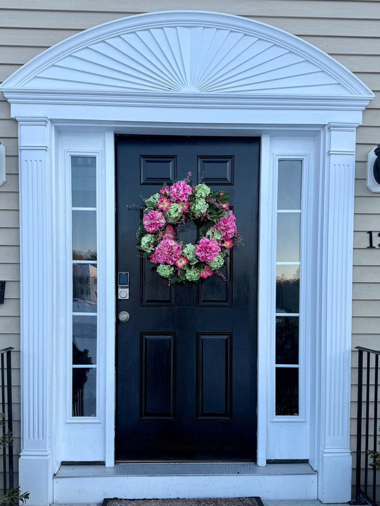 Watermelon Pink Hydrangeas & Peonies Cottagecore Wreath for Spring and summer