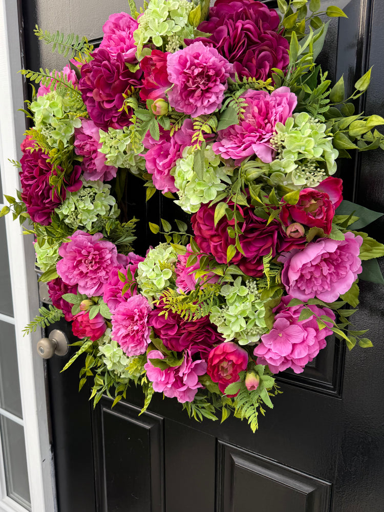 Magenta Mophead Hydrangeas & Peonies Cottagecore Wreath for Spring and summer
