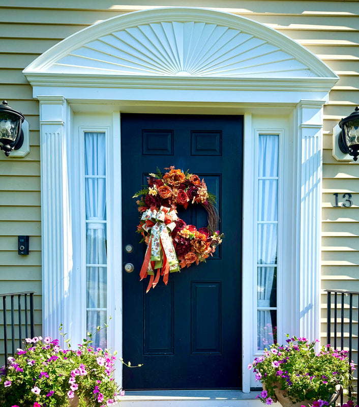 Fall Peony Wreath in Burgundy and Orange