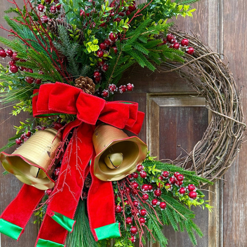 Winter Pine Wreath w Bells and Velvet Bow