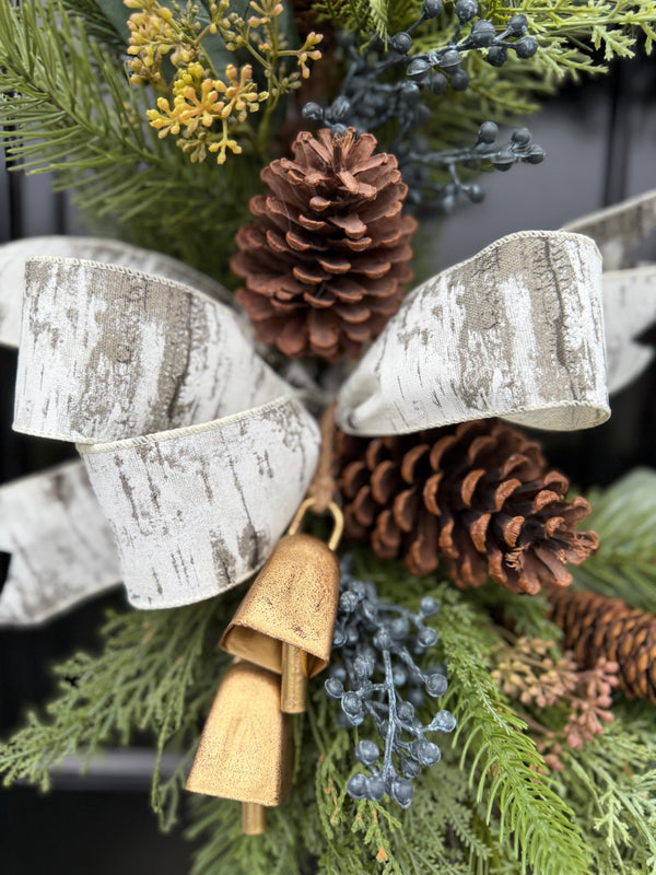 Rustic Evergreen Pinecone Wreath with Bells – Winter Front Door Décor