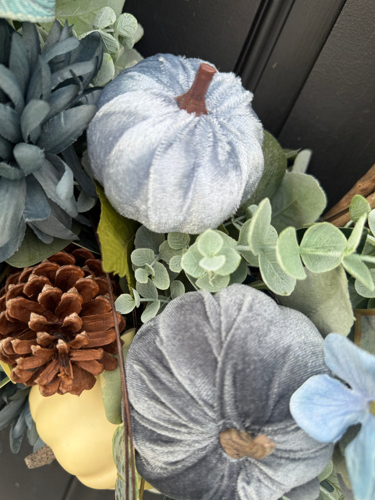 Blue Velvet Pumpkin Wreath for Fall