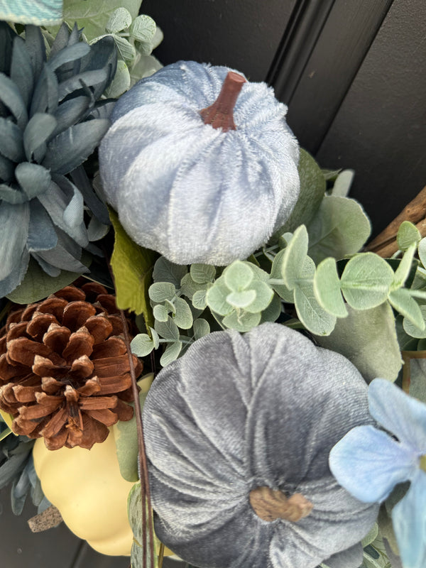 Blue Velvet Pumpkin Wreath for Fall