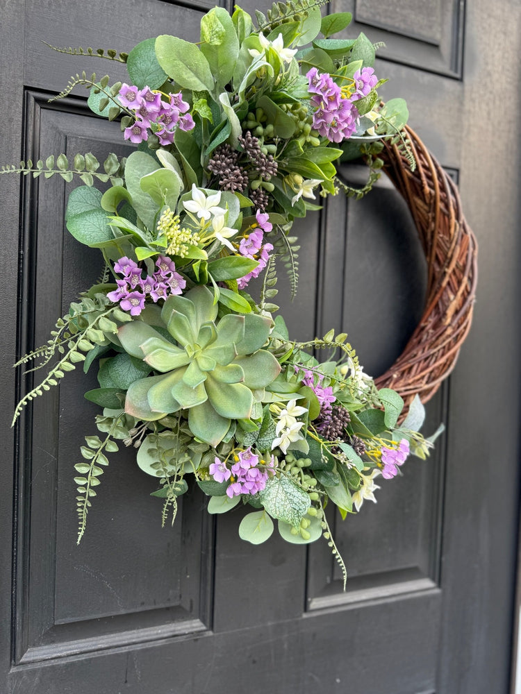Succulent Grapevine Wreath with Lambs Ear & Eucalyptus for Summer & Spring
