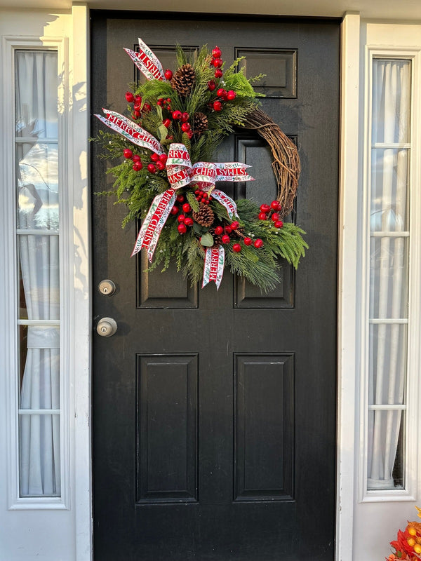 Merry Christmas Winter Wreath w Norfolk Pine