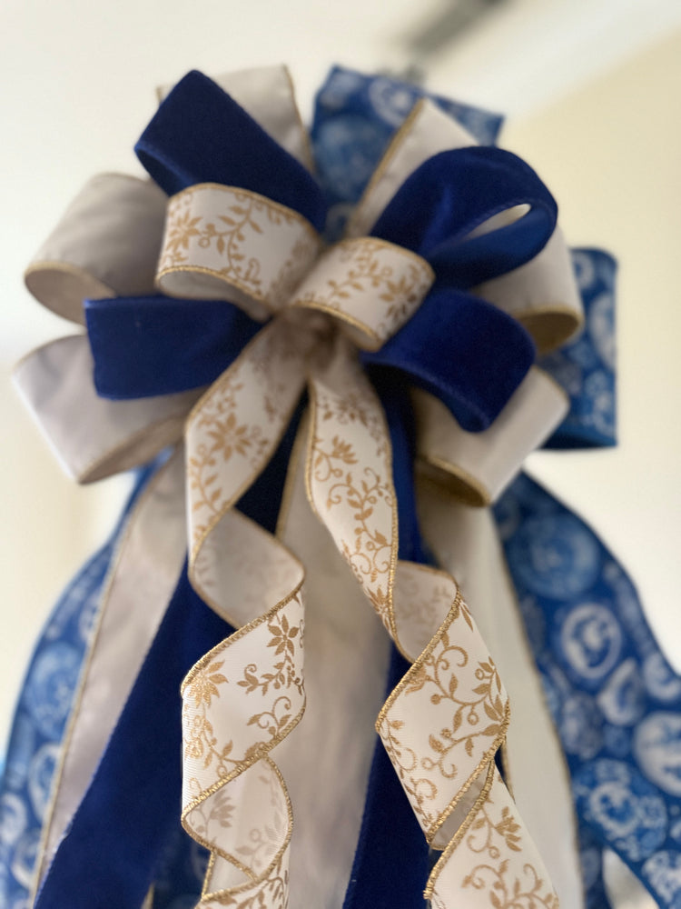 Elegant Blue & Gold Chinoiserie Christmas Tree Topper Bow
