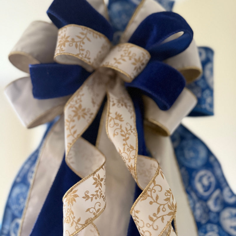 Elegant Blue & Gold Chinoiserie Christmas Tree Topper Bow