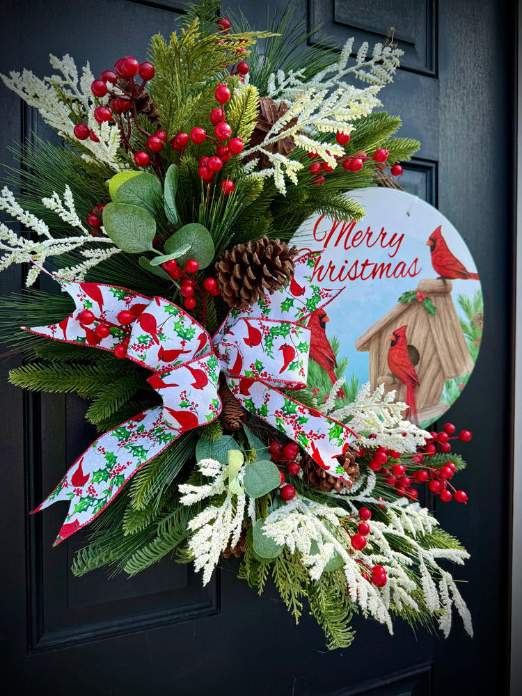 Winter Cardinal  Wreath – Handmade Holiday Wreath with Pine for Christmas