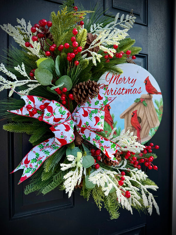Winter Cardinal  Wreath – Handmade Holiday Wreath with Pine for Christmas