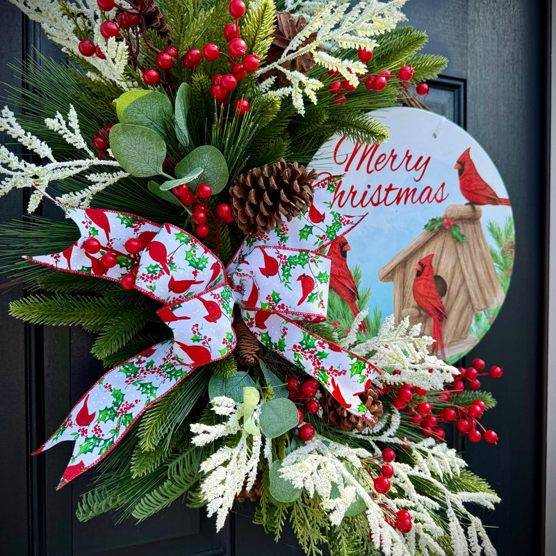 Winter Cardinal  Wreath – Handmade Holiday Wreath with Pine for Christmas