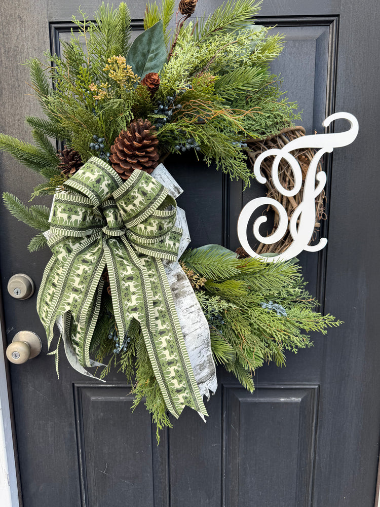 Rustic Winter Wreath w Monogram for Front Door w Deer Bow