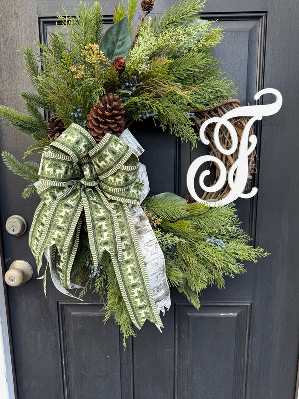 Rustic Winter Wreath w Monogram for Front Door w Deer Bow
