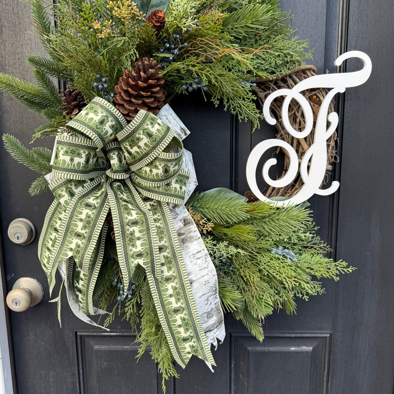Rustic Winter Wreath w Monogram for Front Door w Deer Bow