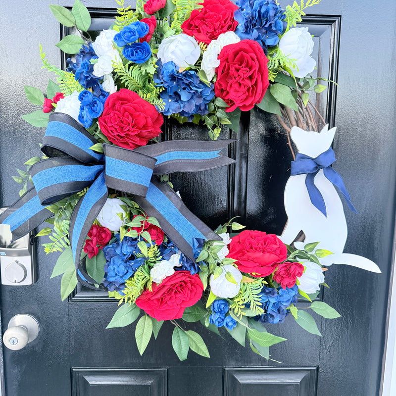 Patriotic Wreath w K9 German Shepherd Sign for Spring and Summer