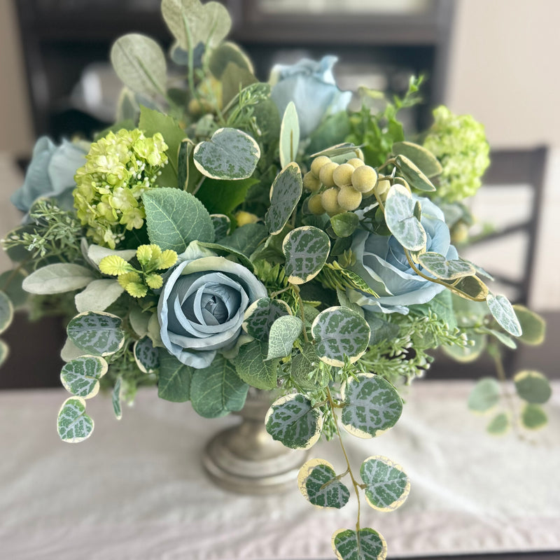 Luxury blue rose and green hydrangea arrangement for spring