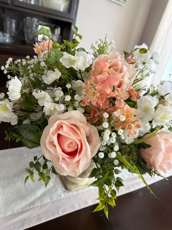 Romantic Blush Rose Faux Floral Centerpiece in Stone Style Base, Real Touch Floral Arrangement