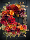Autumn Floral Wreath with Burgundy, Orange & Yellow Flowers – Fall and Thanksgiving Door Decor