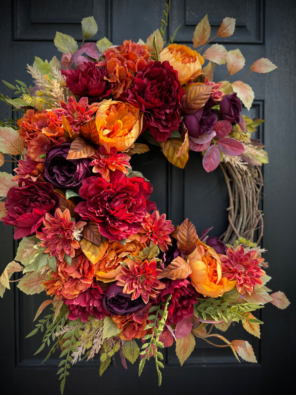 Autumn Floral Wreath with Burgundy, Orange & Yellow Flowers – Fall and Thanksgiving Door Decor
