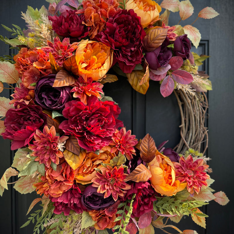 Autumn Floral Wreath with Burgundy, Orange & Yellow Flowers – Fall and Thanksgiving Door Decor