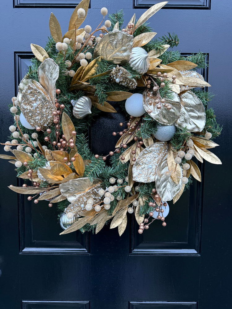 Golden Luxe Holiday Winter Wreath – Handcrafted Door Decor