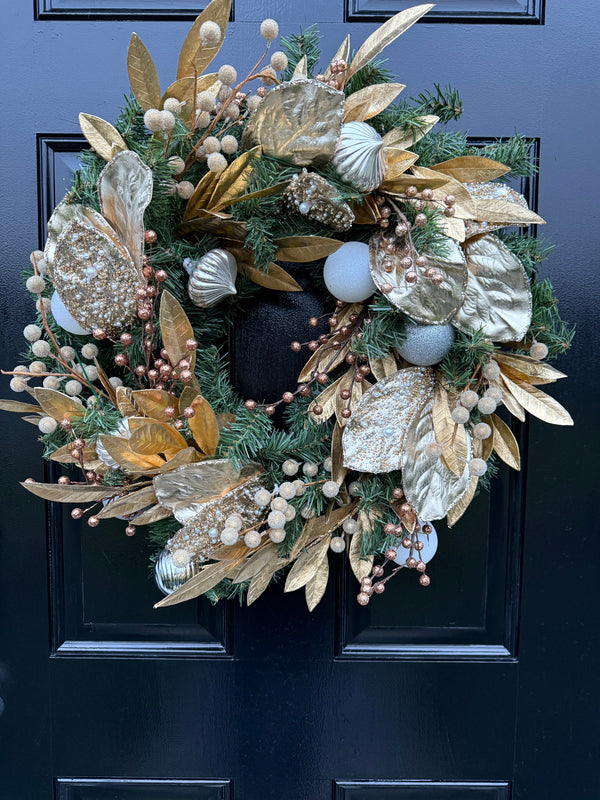 Golden Luxe Holiday Winter Wreath – Handcrafted Door Decor