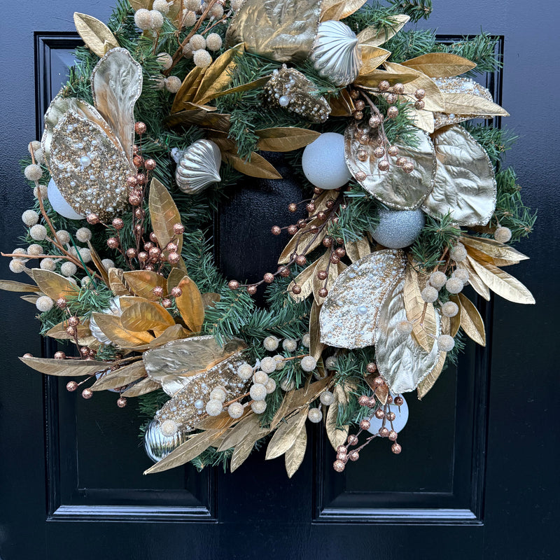 Golden Luxe Holiday Winter Wreath – Handcrafted Door Decor